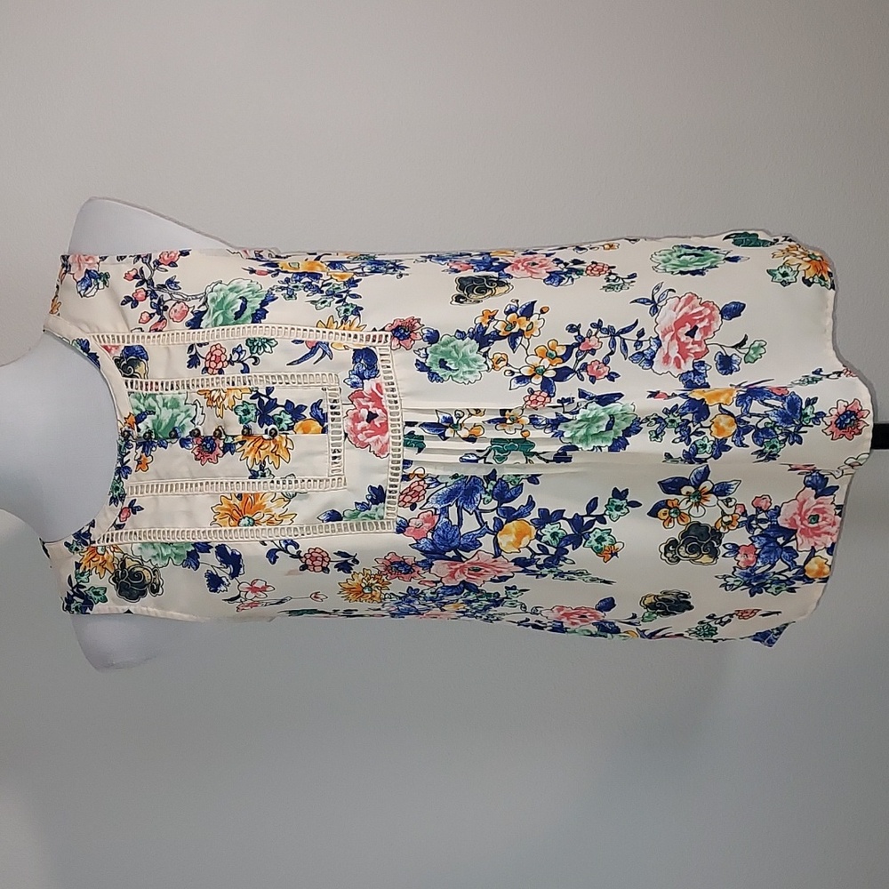 Daniel Rainn Cream Multi-Color Floral Print Sleeveless Tank Top Shirt Size Small